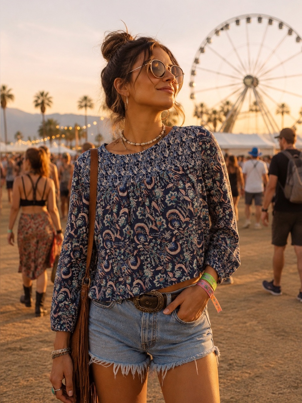 LUCKY BRAND Blue Boho Mixed Print Smocked Jersey Knit Top XS